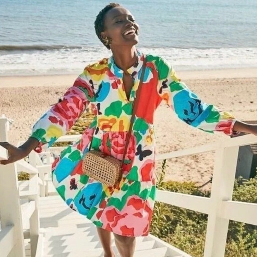 J. Crew Multicolor Floral Print Tiered Long-Sleeve Dress